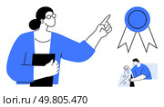Businesswoman pointing upwards holding a folder, award with ribbon, colleague carrying shopping bags. Ideal for business excellence, teamwork, motivation, success, collaboration, goal-setting. Businesswoman Pointing Towards Award with Colleague Holding Shopping Bags in Illustrative Style. Стоковая иллюстрация, агентство Ingram Publishing / Фотобанк Лори