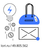 Light bulb with coins, shopping bag with tag, and email envelope with notification. Ideal for e-commerce, marketing, entrepreneurship, innovation, email campaigns, online shopping business growth. Marketing Strategy Concepts with Light Bulb, E-commerce Shopping Bag, and Email Envelope Icons. Стоковая иллюстрация, агентство Ingram Publishing / Фотобанк Лори