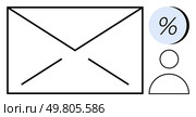 Large envelope with a user icon and a percentage symbol. Ideal for email marketing, communication, newsletters, customer engagement, digital campaigns, online surveys, promotional offers. Line. Envelope with Percentage Sign and User Icon Representing Email Marketing or Communication. Стоковая иллюстрация, агентство Ingram Publishing / Фотобанк Лори