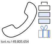 Telephone handset alongside suitcase, bar graph, and present. Ideal for business communication, marketing, customer service, sales, gift services technology and management. Line metaphor. Telephone Handset with Suitcase, Present, and Bar Graph Elements Depicting Communication and Business. Стоковая иллюстрация, агентство Ingram Publishing / Фотобанк Лори