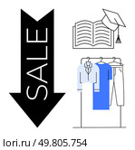 Black sale arrow, open book with graduation cap, hanging clothes including shirts and pants. Ideal for academic promotions, back-to-school sales, clothing discounts, graduation events, book fairs. Sale Promotion for Academic Clothing and Accessories Featuring Books and Graduation Cap. Стоковая иллюстрация, агентство Ingram Publishing / Фотобанк Лори