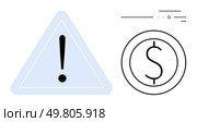 Exclamation mark within a triangle next to a dollar coin symbol, suggesting financial caution. Ideal for banking alerts, financial advice, budget planning, investment risks, economic warnings. Financial Warning Sign with Exclamation Mark Inside Triangle Near Dollar Coin Symbol. Стоковая иллюстрация, агентство Ingram Publishing / Фотобанк Лори