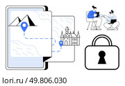 Digital device showing a navigational map with location markers, a castle, people discussing with devices, and a security lock. Ideal for travel, technology, security, collaboration, planning. Digital navigation map with location markers, people discussing, and security lock concept. Стоковая иллюстрация, агентство Ingram Publishing / Фотобанк Лори