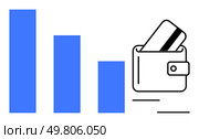 Three descending blue bars, signifying financial decline, next to a wallet with a credit card inside. Ideal for finance, budgeting, economic analysis, personal finance apps, investment, financial. Financial Decline Depicted with Descending Bar Graph and Wallet with Credit Card, Minimalistic Style. Стоковая иллюстрация, агентство Ingram Publishing / Фотобанк Лори