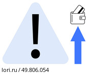 Exclamation mark within triangle, wallet with credit card, and upward arrow. Ideal for financial alerts, saving tips, investment risks, banking security, budgeting advice, financial growth economic. Exclamation Warning Sign with Wallet and Credit Card Next to Upward Arrow Highlighting Financial Caution. Стоковая иллюстрация, агентство Ingram Publishing / Фотобанк Лори