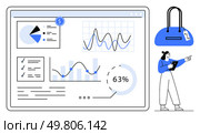 Businesswoman analyzing financial data on a large digital screen with graphs, pie chart, and percentages. Ideal for analytics, finance, business strategy, market research, presentations, e-commerce. Data analysis and financial trends on a digital screen with a woman holding a tablet and pointing. Стоковая иллюстрация, агентство Ingram Publishing / Фотобанк Лори