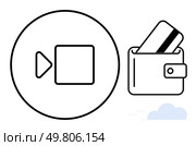 Video camera icon in circle next to wallet with credit card, representing digital media and finance. Ideal for fintech, e-commerce, online transactions, virtual meetings, digital wallets, financial. Video icon within a circle and a wallet with a credit card highlighting digital payment concepts. Стоковая иллюстрация, агентство Ingram Publishing / Фотобанк Лори