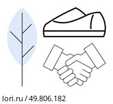 Leaf, shoe, and handshake suggesting eco-friendly partnerships, sustainable business practices, and ethical cooperation. Ideal for environmental campaigns, green business initiatives, corporate. Environmentally Friendly Business Collaboration Symbolized by Leaf, Shoe, and Handshake. Стоковая иллюстрация, агентство Ingram Publishing / Фотобанк Лори
