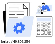 Business file with gear icon, calculator, person with shopping bags. Ideal for financial management, ecommerce, business strategy, accounting, shopping economics productivity. Line metaphor. Business documents with gear icon, calculator, and person holding shopping bags emphasizing commerce. Стоковая иллюстрация, агентство Ingram Publishing / Фотобанк Лори