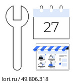 Spanner, calendar showing the 27th, e-commerce website with product images and shopping icons. Ideal for e-commerce planning, website setup, online store maintenance, digital marketing, sales. Online Store Setup Concept with E-commerce Website Design, Calendar Date, and Spanner for Maintenance. Стоковая иллюстрация, агентство Ingram Publishing / Фотобанк Лори
