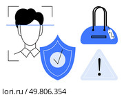 Face detection technology, shield with checkmark, handbag with tag, and caution triangle warning. Ideal for security, facial recognition, privacy protection, retail, identification alert systems. Face detection technology, secure shield with checkmark, handbag with tag, and caution triangle warning. Стоковая иллюстрация, агентство Ingram Publishing / Фотобанк Лори