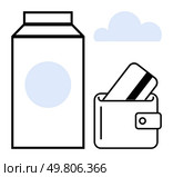 Milk carton, wallet with credit card, and cloud suggesting essentials for daily transactions. Ideal for financial services, consumer goods, minimalism, productivity, budgeting, grocery shopping. Milk carton, wallet with credit card, and cloud depict essentials for daily transactions. Стоковая иллюстрация, агентство Ingram Publishing / Фотобанк Лори
