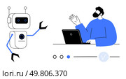 Human waves at AI robot while working on laptop. Interaction highlights man-machine collaboration. Ideal for tech innovation, AI, remote work, digital communication, automation, futuristic concepts. Human interacting with AI robot through laptop, representing advanced technology and collaboration. Стоковая иллюстрация, агентство Ingram Publishing / Фотобанк Лори