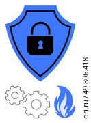 Blue shield with black lock icon in the center, two white gears below, and blue flame symbol to the right. Ideal for cybersecurity, protection, safety, mechanical industries, technology, fire safety. Blue Shield with Lock Icon, Technical Gears, and Blue Flame Symbols Representing Security and Protection. Стоковая иллюстрация, агентство Ingram Publishing / Фотобанк Лори