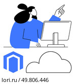 Woman working on desktop computer, pointing upward. Cloud storage and security icon present. Ideal for technology, cloud computing, security, software, IT support, digital workspaces and online. Woman Using Desktop Computer with Cloud Storage and Security Icon in a Work Setting. Стоковая иллюстрация, агентство Ingram Publishing / Фотобанк Лори