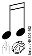 Musical note with coin symbolizes music industry revenues. Rising arrows represent growth in profits. Ideal for music business success, financial growth, charts, statistics, marketing, investment. Economic growth in music industry symbolized by rising arrows and musical note with coin. Стоковая иллюстрация, агентство Ingram Publishing / Фотобанк Лори