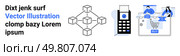Blockchain network with interconnected cubes, a receipt issuing printer, and two people shopping online. Ideal for e-commerce, fintech, digital security, blockchain technology, online transactions. Blockchain Network, Online Shopping, and Payment Gateway Icons for Technology and E-commerce Solutions. Стоковая иллюстрация, агентство Ingram Publishing / Фотобанк Лори