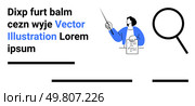 Person presenting document with pointer, magnifying glass, text blocks with placeholder text. Ideal for educational content, presentations, training materials, documents, web design, informational. Educator Presenting Document with Magnifying Glass and Text Elements Design Concept. Стоковая иллюстрация, агентство Ingram Publishing / Фотобанк Лори