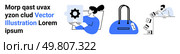 Three individuals carrying out diverse activities one analyzing a gear icon, another holding a bag, and a third stacking blocks. Ideal for teamwork, productivity, organization, education, technology. Three People Engaging in Different Tasks Holding Gear, Carrying Bag, and Building from Blocks. Стоковая иллюстрация, агентство Ingram Publishing / Фотобанк Лори