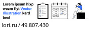Text with blue highlight, checklist on clipboard, calendar with marked date, person sitting on box using phone. Ideal for productivity, organization, scheduling, reminders, time management planning. Business priority management concept with text, clipboard, calendar, and person on phone. Стоковая иллюстрация, агентство Ingram Publishing / Фотобанк Лори