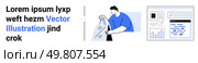 Man in blue shirt interacting with laptop, digital dashboard with graphs, charts, search bar. Ideal for business, technology, analytics, data visualization, teamwork productivity digital marketing. Man Working on Laptop Next to Digital Data Analytics Dashboard in Blue and White Theme. Стоковая иллюстрация, агентство Ingram Publishing / Фотобанк Лори