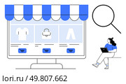Computer screen displaying an online store with a striped awning, shopping cart icons, and a customer browsing on a laptop. Ideal for e-commerce, retail, shopping, technology, online business. E-commerce Concept with Online Storefront and Consumer Shopping via Laptop. Стоковая иллюстрация, агентство Ingram Publishing / Фотобанк Лори