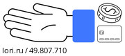 Hand reaching towards coin and credit card, representing financial transactions, payments, and cashless economy. Ideal for banking, finance, e-commerce, mobile payments investments budgeting. Line. Hand Reaching for Coin and Credit Card Symbolizing Financial Transactions and Payment Options. Стоковая иллюстрация, агентство Ingram Publishing / Фотобанк Лори