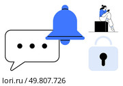 Notification bell, chat bubble with ellipsis, lock icon, and figure sitting on a box using smartphone. Ideal for digital communication, online security, notifications, messaging apps, privacy. Digital Communication Elements Notification Bell, Chat Bubble, Lock, and Figure with Smartphone. Стоковая иллюстрация, агентство Ingram Publishing / Фотобанк Лори