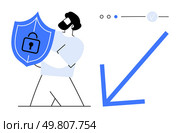 Businessman holding a shield with a lock icon, indicating cybersecurity, with UI elements and a downward arrow. Ideal for cybersecurity, data protection, technology, business safety, online security. Businessman Holding a Shield with a Lock Icon for Cybersecurity and Data Protection. Стоковая иллюстрация, агентство Ingram Publishing / Фотобанк Лори