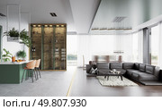 Modern open-concept living space with a green kitchen island, black leather sofa, and glass partitions. 3d render. Modern open-concept living space with a green kitchen island, Стоковое фото, агентство Ingram Publishing / Фотобанк Лори