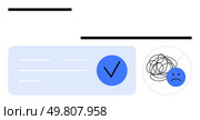 Check mark in blue circle alongside scribbled mess over sad face. Ideal for mental health, decision-making, stress management, problem-solving, productivity, emotional well-being, positive. Contrast Between Organized and Disorganized Thoughts with Positive and Negative Emotional States. Стоковая иллюстрация, агентство Ingram Publishing / Фотобанк Лори