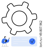 Business professional holding clipboard, large cogwheel symbolizing workflow, blue checklist with checkmark. Ideal for team collaboration, project management, productivity, efficiency, business. Business professional holding clipboard in front of large cogwheel with checklist and checkmark. Стоковая иллюстрация, агентство Ingram Publishing / Фотобанк Лори