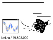 Fly buzzing near a computer screen displaying a fluctuating bar chart. Ideal for chaos, market volatility, unpredictability, economic instability, tech issues, distractions, financial risk. Line. Fly buzzing towards a computer screen with fluctuating chart graph, indicating market volatility and chaos. Стоковая иллюстрация, агентство Ingram Publishing / Фотобанк Лори