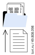 Binary code document in folder with upward arrow pointing to a lined paper. Ideal for data transfer, information exchange, digital storage, coding, file management, technology workflows, IT. Digital File Transfer Display with Binary Code Document and Upward Arrow for Data Exchange. Стоковая иллюстрация, агентство Ingram Publishing / Фотобанк Лори