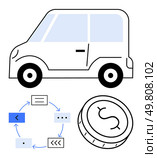 Car icon, flowchart with arrows and boxes, and coin. Ideal for automotive industry, finance, logistics, process mapping, business strategy operations management. Line metaphor. Car Outline with Circular Flowchart and Coin Symbol, Highlighting Elements of Financial and Operational Processes. Стоковая иллюстрация, агентство Ingram Publishing / Фотобанк Лори