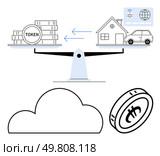 Cryptocurrency tokens and real estate balanced on a seesaw scale with cloud and coin graphics. Ideal for finance, investment, digital currency, real estate market, valuation, risk assessment. Cryptocurrency tokens and real estate balanced on a seesaw scale representing value comparison. Стоковая иллюстрация, агентство Ingram Publishing / Фотобанк Лори