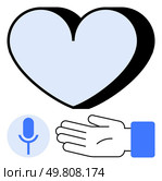 Heart, outstretched hand, microphone with blue, black, white colors. Ideal for themes thumbs up compassion, support, expression voice kindness assistance charity. Line metaphor. Hand Holding a Heart with a Microphone Symbol of Voice and Compassion in Blue and Black. Стоковая иллюстрация, агентство Ingram Publishing / Фотобанк Лори