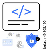 HTML tags displayed, hand handling cash flow, credit card symbol, shield with lock and checkmark. Ideal for coding, web, v07 development, online payment solutions, financial security, e-commerce digital. Online Payment Integration with Secure Coding and Transaction Protection. Стоковая иллюстрация, агентство Ingram Publishing / Фотобанк Лори