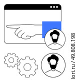 Hand pointing on web, v09page, user profiles in circles, two gears. Ideal for user interface, settings, profile management, teamwork, system settings functionality demonstration digital navigation. Line. Hand pointing on web, v09page with user profiles and gears indicating functionality and settings involvement. Стоковая иллюстрация, агентство Ingram Publishing / Фотобанк Лори