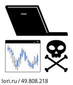 Laptop, stock market graph, skull and crossbones representing cybersecurity, finance volatility, online threats. Ideal for finance, cybersecurity, stock trading, market analysis digital security. Laptop with stock market graph and skull and crossbones. Стоковая иллюстрация, агентство Ingram Publishing / Фотобанк Лори