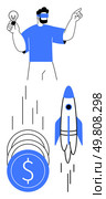 Entrepreneur holding a light bulb, pointing forward, rocket launch, dollar coins. Ideal for business growth, innovation, entrepreneurship, investment, startup launches financial success visionary. Entrepreneur with a Light Bulb Idea, Rocket Launch, and Dollar Coins, Symbolizing Innovation and Growth. Стоковая иллюстрация, агентство Ingram Publishing / Фотобанк Лори