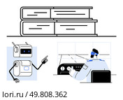 Robot pointing stack of books pilot in control room. Ideal for AI, robotics, aviation, pilot training, education, technology, automation. Embodying future collaboration. Line metaphor. Artificial Intelligence in Aviation Merging Robotics with Pilot Training and Knowledge. Стоковая иллюстрация, агентство Ingram Publishing / Фотобанк Лори