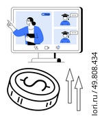 Teacher instructing on a live online class with two students coin with dollar sign and arrows pointing up. Ideal for e-learning, finance, investments, career development, business growth, webinars. Online Education Webinar with Teacher and Students, Coin Icon Representing Financial Growth, Upward Arrows. Стоковая иллюстрация, агентство Ingram Publishing / Фотобанк Лори