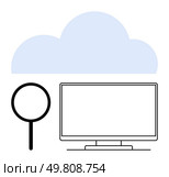 Cloud above computer monitor with magnifying glass representing search. Ideal for data storage, cloud services, IT infrastructure, online research, data analysis, web services, cloud computing. Cloud Computing with Magnifying Glass and Monitor Data Search, Storage, and Analysis Concept. Стоковая иллюстрация, агентство Ingram Publishing / Фотобанк Лори