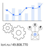 Bar and line chart indicating growth trend, gears symbolizing process, email with user icons for communication. Ideal for business strategy, teamwork, marketing campaigns, data analysis, process. Graph growth chart, gears, and email communication for optimization and team collaboration. Стоковая иллюстрация, агентство Ingram Publishing / Фотобанк Лори