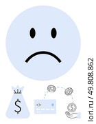 Sad face emoticon overshadowed by money bag, credit card, and coins to hand. Ideal for finance, bankruptcy, debt, savings management, budget planning financial crisis economic downturn. Line. Financial Disappointment Illustrated Through Sad Face and Monetary Icons in Minimalistic Style. Стоковая иллюстрация, агентство Ingram Publishing / Фотобанк Лори