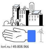 Buildings with solar panels, trees, bushes, wind turbine, helping hand. Ideal for sustainability, renewable energy, eco-friendly living, urban planning green spaces community support clean energy. Sustainable City with Solar Panels, Green Spaces, and Wind Power Supported by Community. Стоковая иллюстрация, агентство Ingram Publishing / Фотобанк Лори