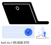 Closed laptop with checkmark document and cloud with ascending arrows. Ideal for tech, business, data management, paperwork approval, cloud computing, online services, digital workflow. Line metaphor. Laptop with Checkmark and Ascending Graph Arrows Indicating Data Upload or Cloud Sync. Стоковая иллюстрация, агентство Ingram Publishing / Фотобанк Лори