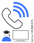 Graduate icon, computer monitor, phone receiver with wireless signal. Ideal for online education, e-learning, virtual classrooms, remote teaching, communication tools, academic training distance. Online Education Communication Concept with Phone, wireless Signal, Graduate Cap Icon, and Computer Monitor. Стоковая иллюстрация, агентство Ingram Publishing / Фотобанк Лори