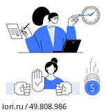 Manager working on laptop with clock and paperwork. Team member signaling stop with raised hand while fists hold vector of falling coins. Ideal for project management, teamwork, finance, time. Manager balancing time and paperwork, deliberating a decision with team blocking falling costs. Стоковая иллюстрация, агентство Ingram Publishing / Фотобанк Лори